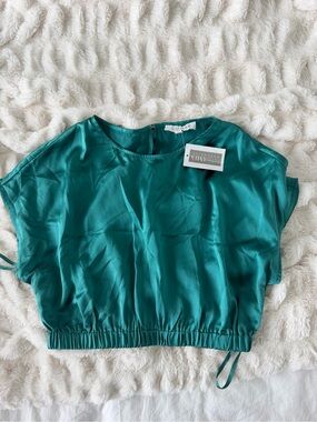 INTERMIX Teal Satin Cropped Blouse